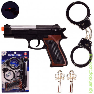 Полицейский набор HSY-120, пистолет, металлические наручники, на планшетке