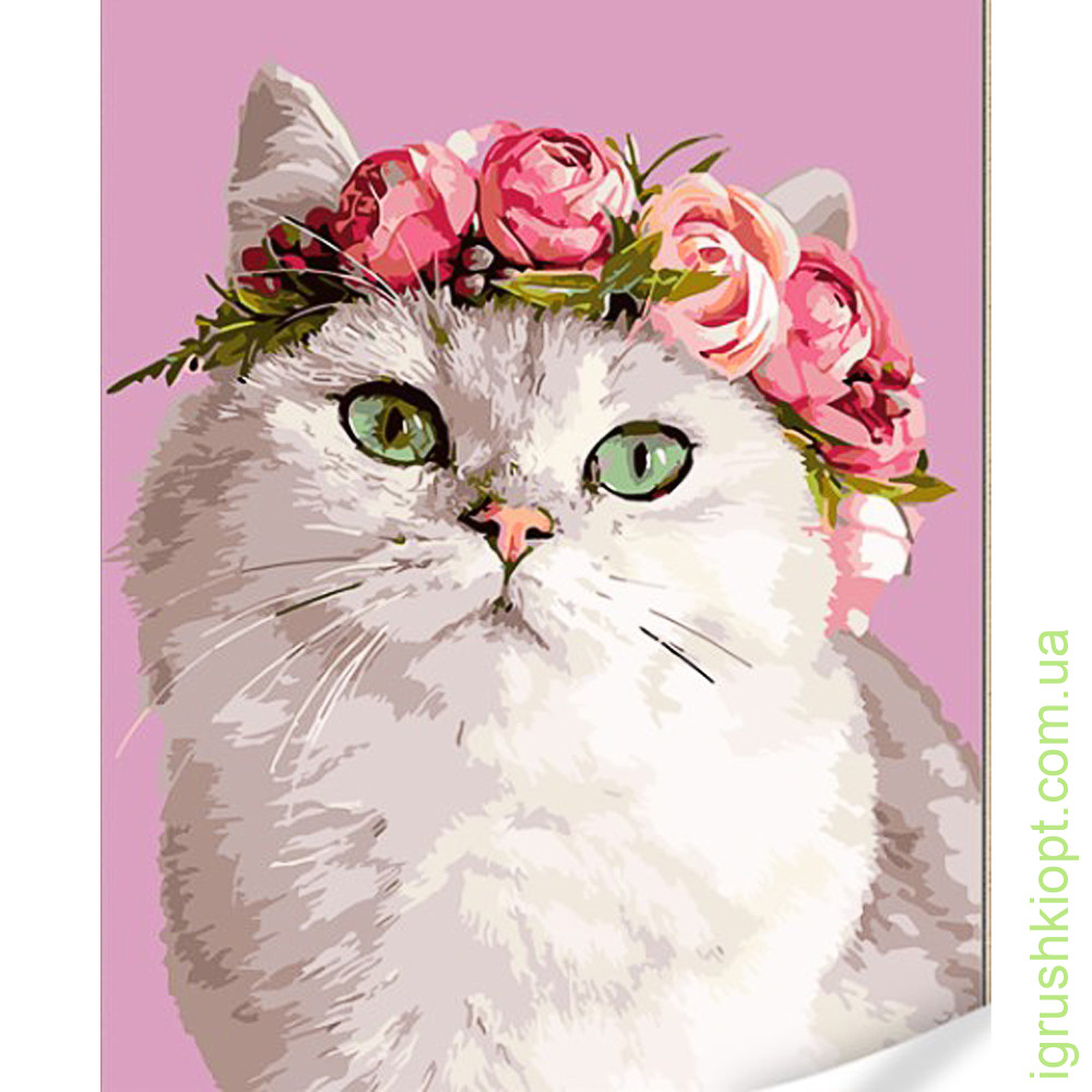 Картина за номерами Strateg Кішка з вінком із квітів на кольоровому фоні розміром 40х50 (GS1601)