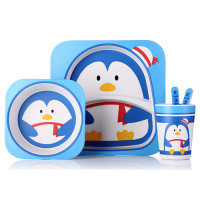 Посуда детская бамбук "Пингвин 2" 5 пр./набор (2 тарелки, вилка, ложка, стакан), MH-2770-22