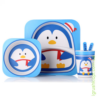 Посуда детская бамбук "Пингвин 2" 5 пр./набор (2 тарелки, вилка, ложка, стакан), MH-2770-22