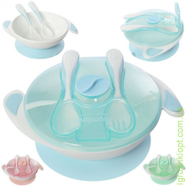 Посуда детская пластик-силикон 4 пр./набор (тарелка с крышкой,ложка,вилка), R83774