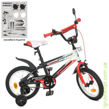 Велосипед детский PROF1 14д. Y14325-1, Inspirer, SKD75, фонарь, звонок, зеркало, доп. колеса, черно-белый-красный (мат)