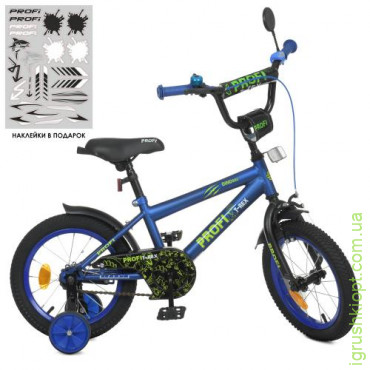 Велосипед детский PROF1 14д. Y1472-1, Dino, SKD75, фонарь, звонок, зеркало, доп. колеса, темно-синий (мат)