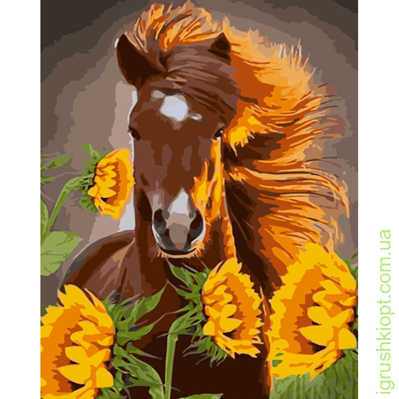 Картина за номерами Strateg ПРЕМІУМ Кінь серед соняшників розміром 40х50 см (GS975)