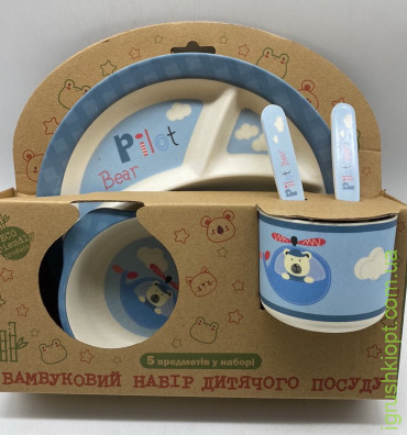 Посуд дитячий бамбук "Пілот" 5пр/наб (2тарілки, виделка, ложка, стакан) MH-2771-17