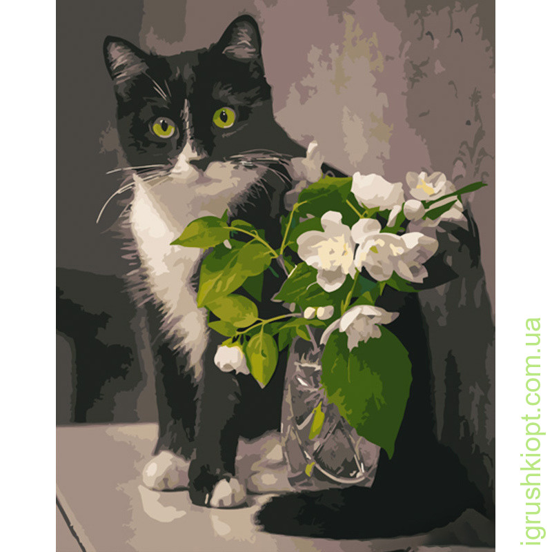 Картина за номерами Strateg ПРЕМІУМ Кіт з квітами розміром 40х50 см (GS1021)