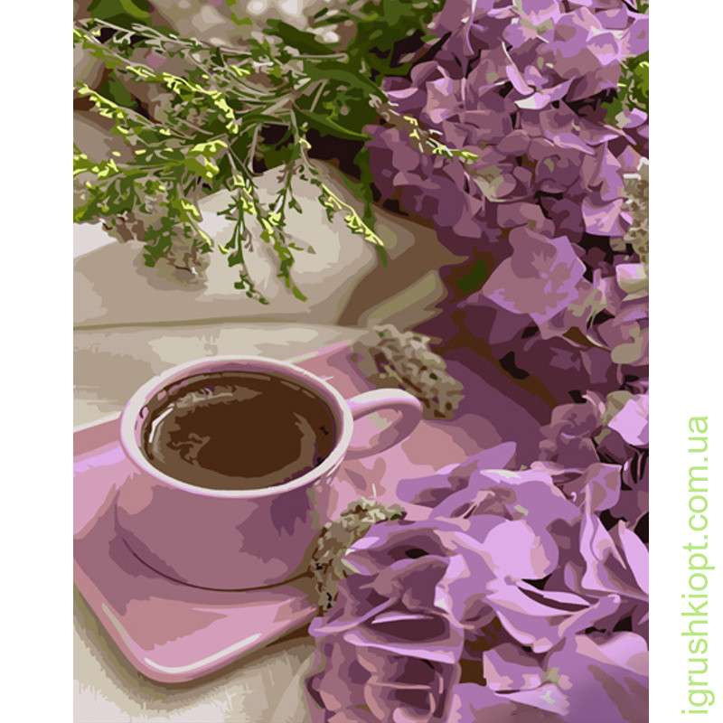 Картина за номерами Strateg ПРЕМІУМ Фіолетові гортензії з кавою розміром 40х50 см (GS1035)