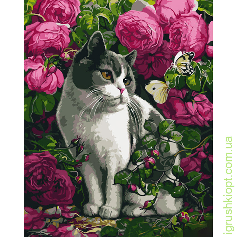 Картина за номерами Strateg ПРЕМІУМ Троянди та кіт розміром 40х50 см (GS1038)