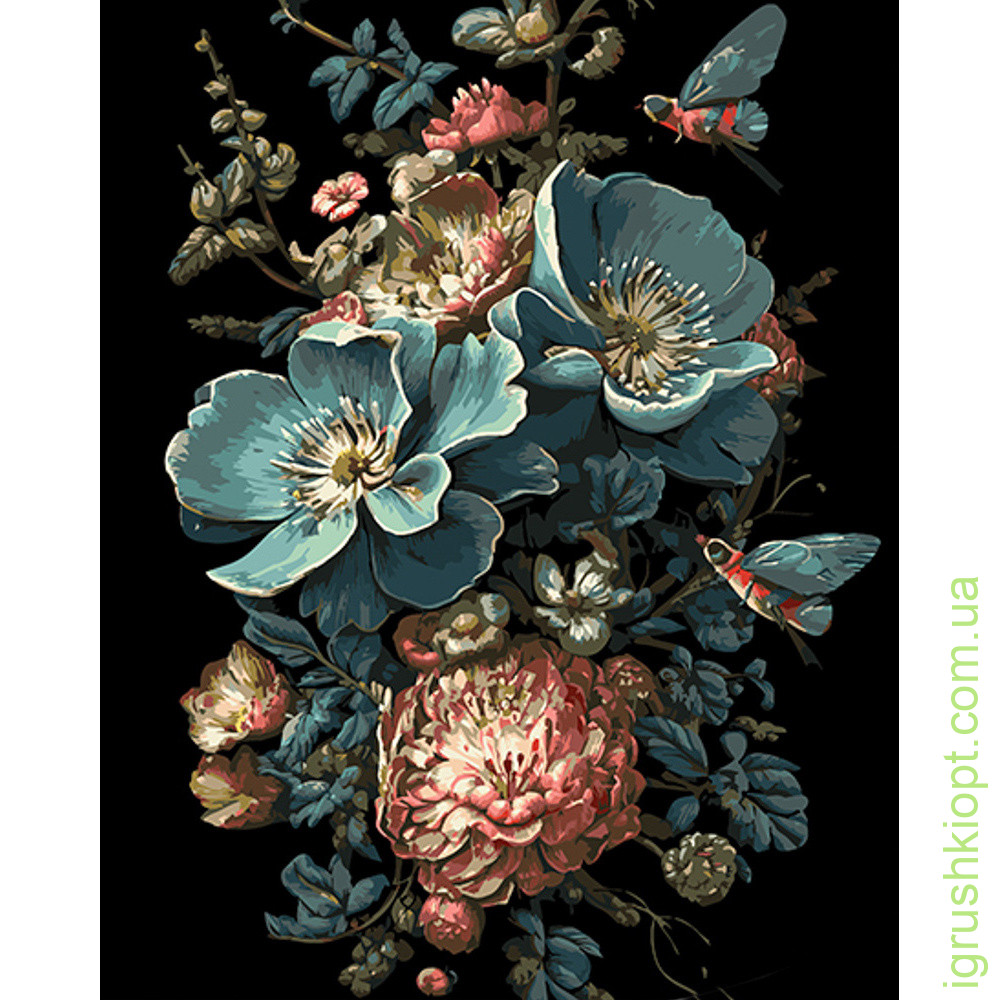 Картина за номерами Strateg ПРЕМІУМ Фантастичний букет квітів на чорному фоні розміром 40х50 см (AH1055)
