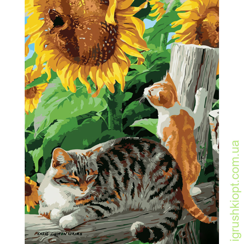 Картина за номерами Strateg ПРЕМІУМ Котики під соняшниками розміром 40х50 см (GS1053)