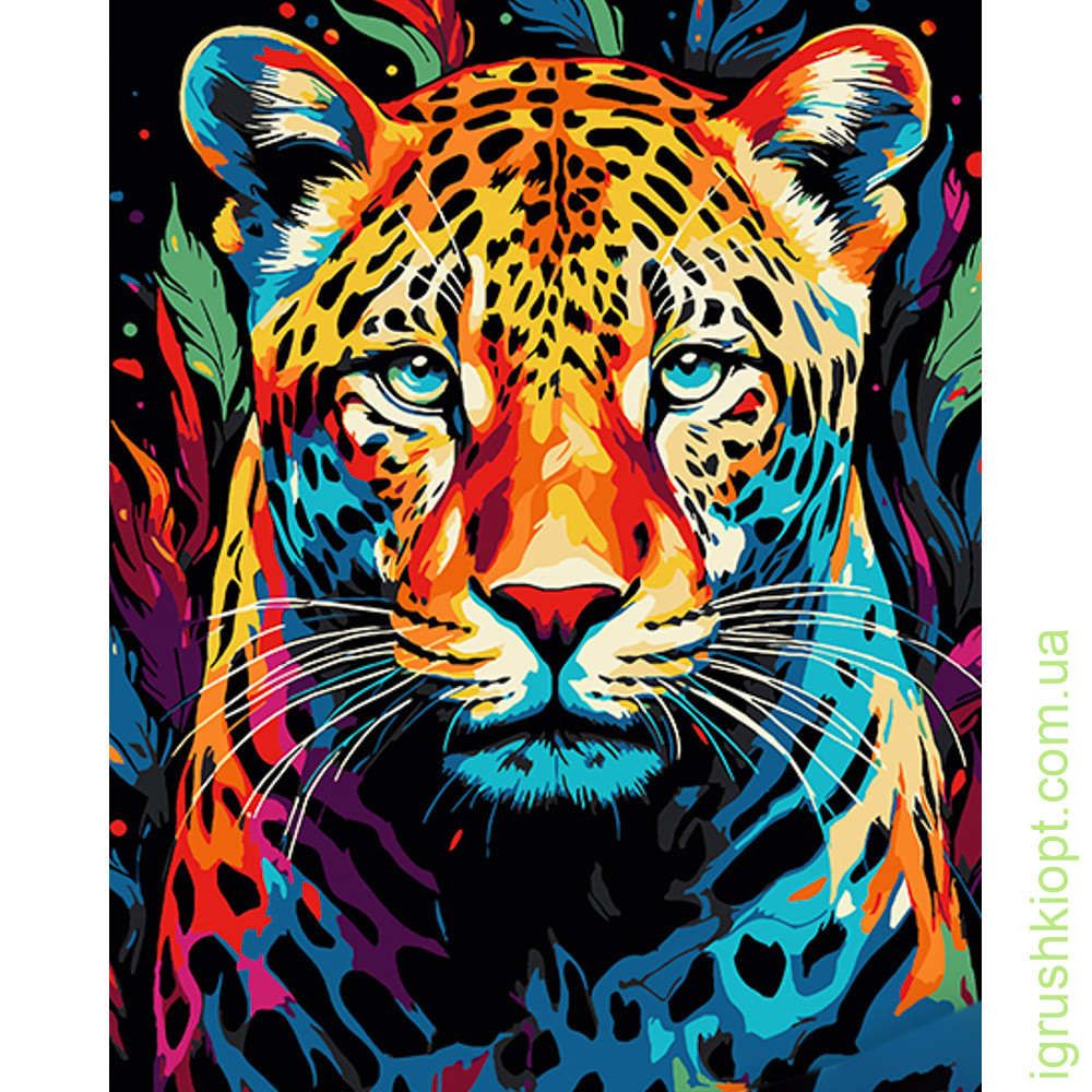 Картина за номерами Strateg ПРЕМІУМ Райдужний леопард на чорному фоні розміром 40х50 см (AH1061)