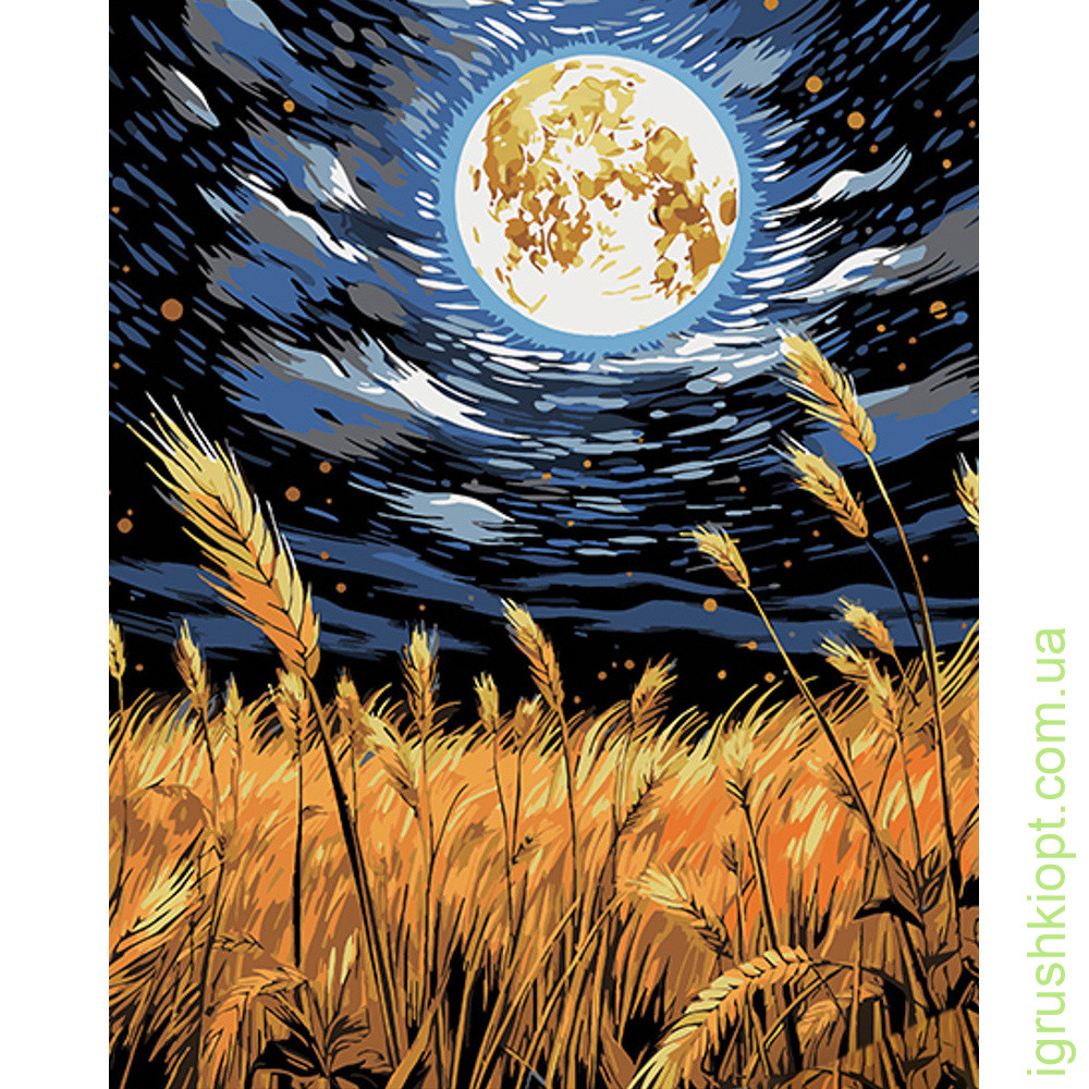 Картина за номерами Strateg ПРЕМІУМ Пшениця серед зоряного неба  на чорному фоні розміром 40х50 см (AH1066)