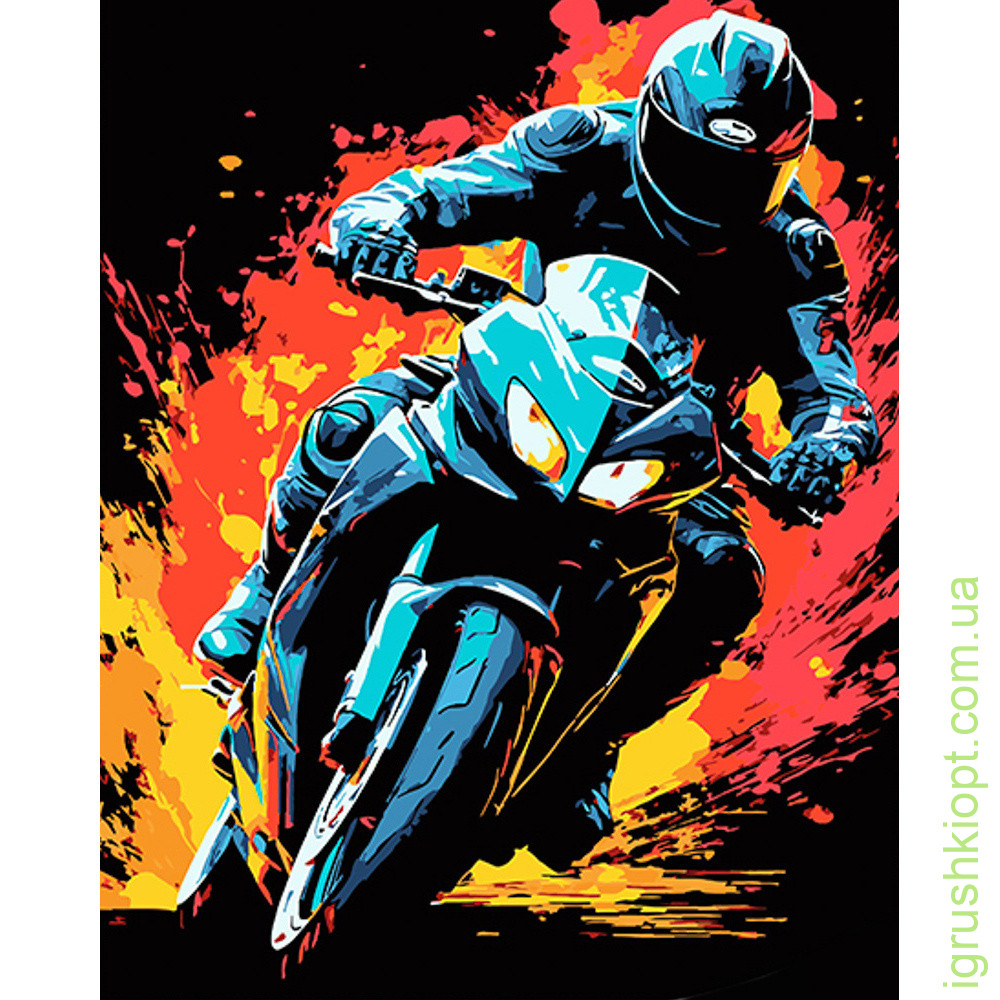Картина за номерами Strateg ПРЕМІУМ Мотоцикліст на байку на чорному фоні розміром 40х50 см (AH1069)