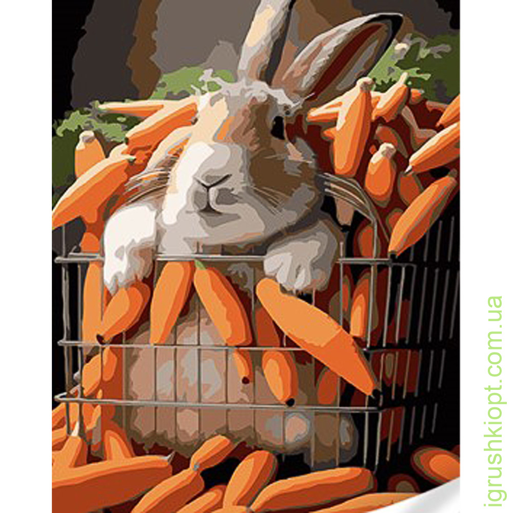 Картина за номерами Strateg ПРЕМІУМ Кролик у моркві з лаком та з рівнем розміром 30х40 см (SS1129)