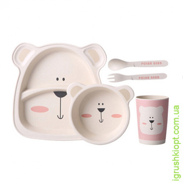 Посуда детская бамбук "Полярный мишка" 5пр/наб (2 тарелки, вилка, ложка, стакан) MH-2770-13
