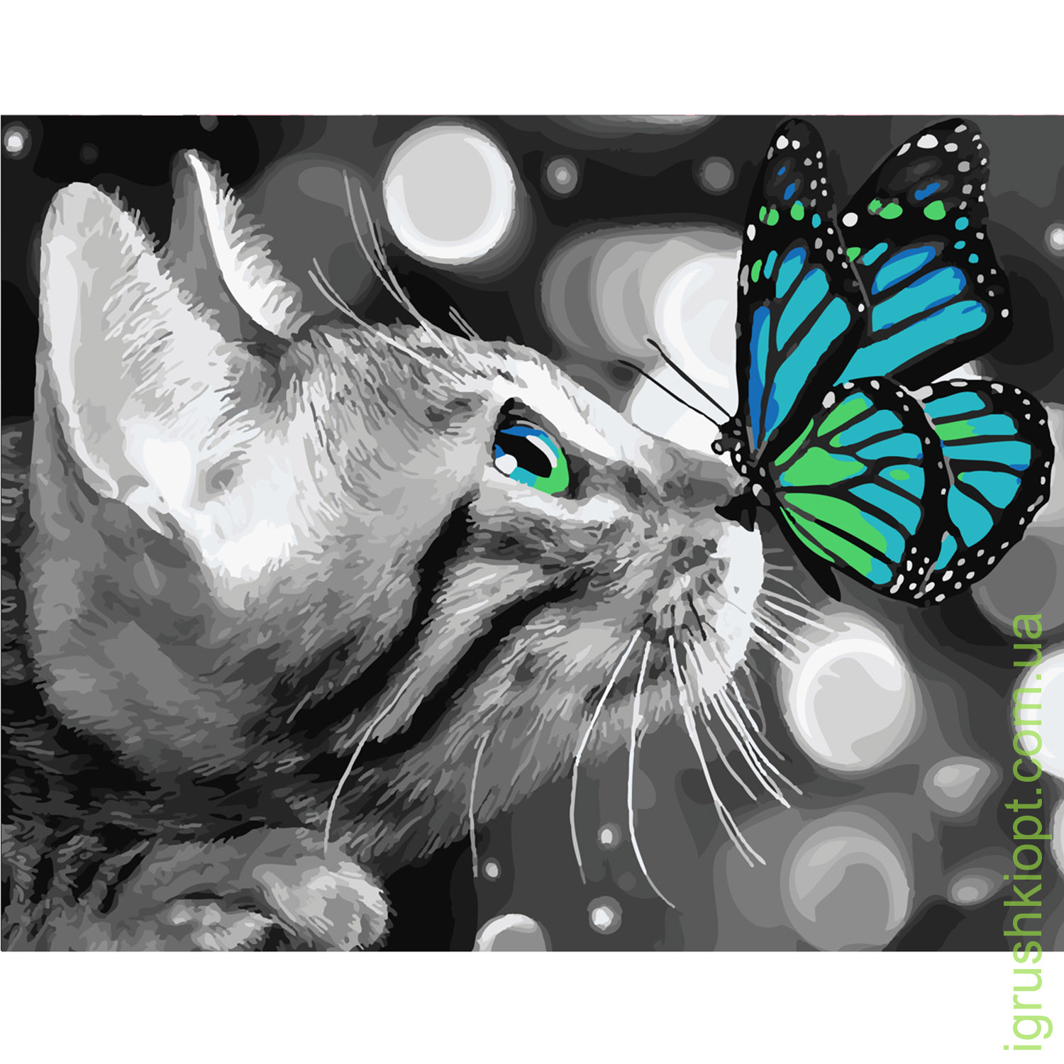 Картина за номерами Strateg ПРЕМІУМ Кошеня з метеликом з лаком розміром 40х50 см SY6186