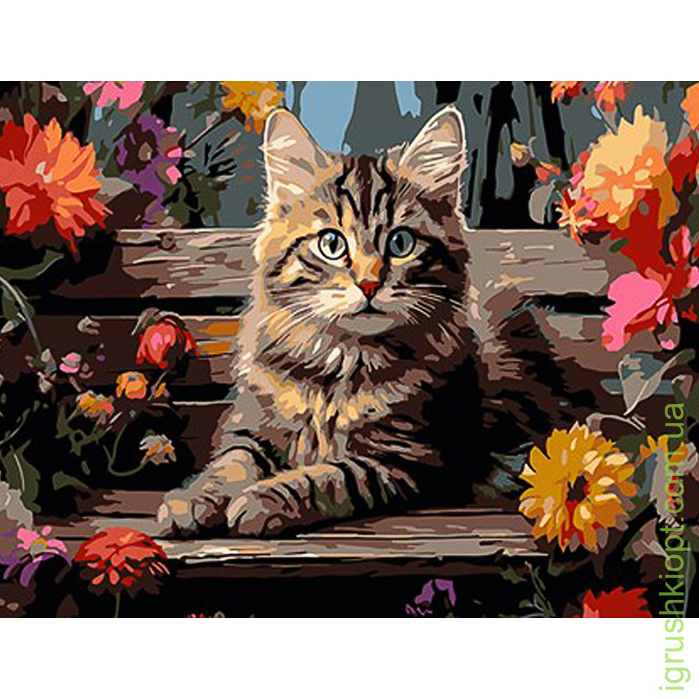 Картина за номерами Strateg ПРЕМІУМ Котик на лавочці з лаком та з рівнем розміром 30х40 см (SS1145)