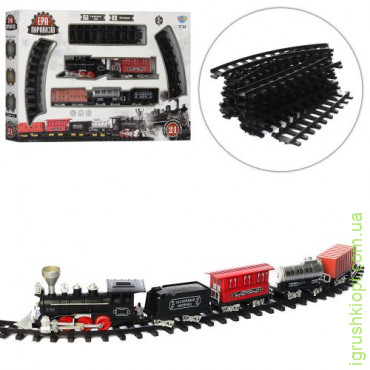 Железная дорога YY-098 локомотив, вагон 4 штуки, 21 детали, музыка, свет, батарейки, коробка, 61-41,5-8,5 см