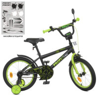 Велосипед детский PROF1 16д. Y1671-1 Dino, SKD75, фонарь, звонок, зеркало, дополнительные колеса, салатово-черный (мат.)