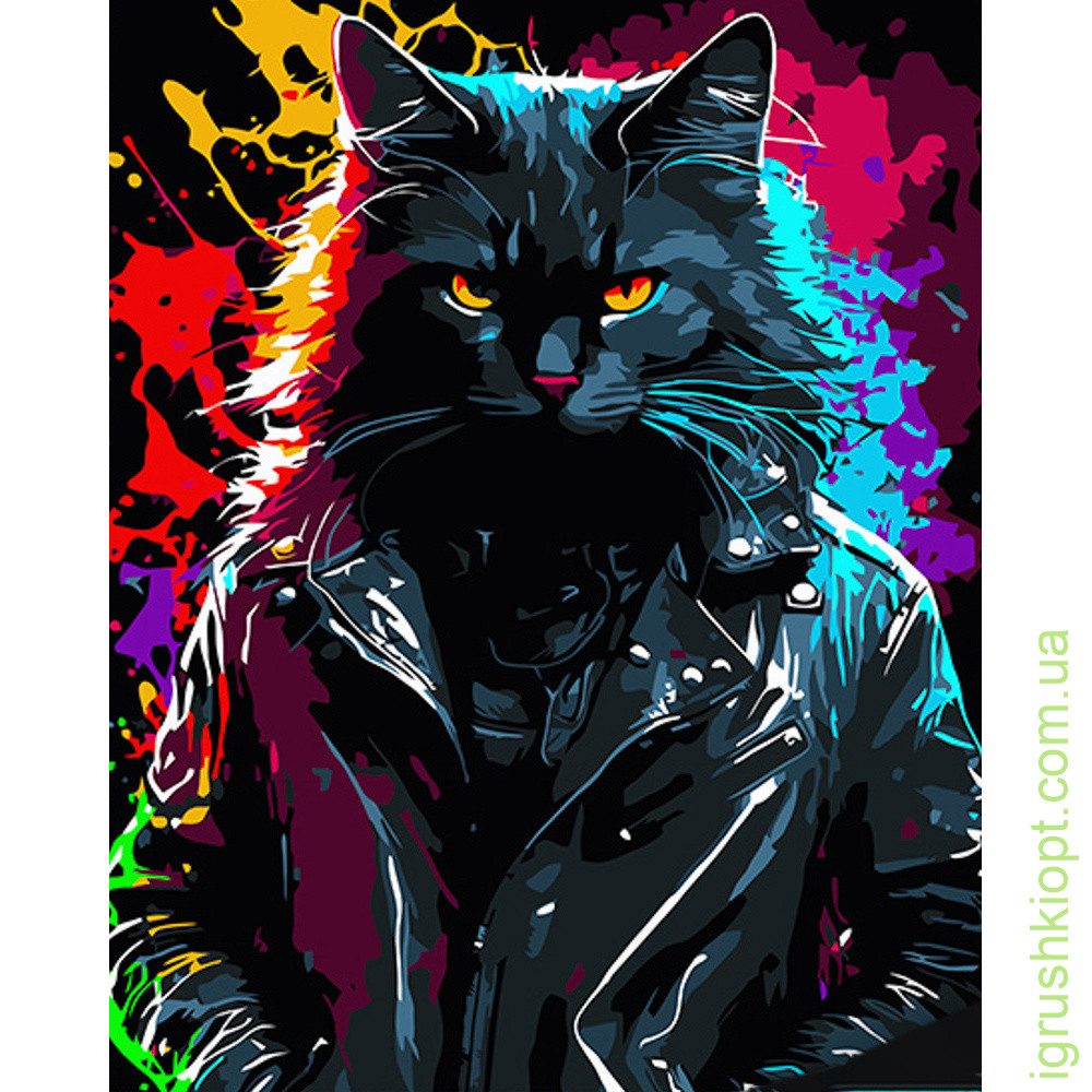 Картина за номерами Strateg ПРЕМІУМ Брутальний кіт у курточці на чорному фоні розміром 40х50 см (AH1015)