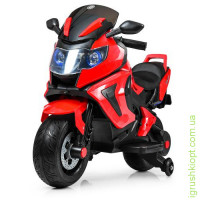 Мотоцикл M 3681EL-3, 2 мот 18W, 12V 4,5A, руч. газу, єва. коліс, USB, TF, муз, шкір. сид, червоний