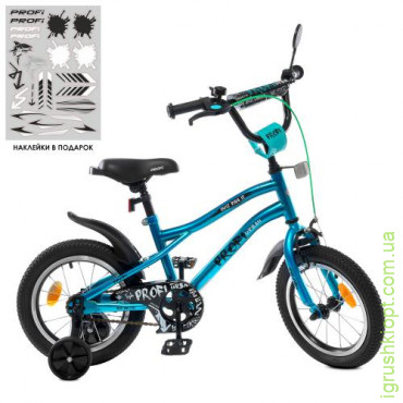 Велосипед детский PROF1 14д. Y14253S-1, Urban, SKD75, фонарь, звонок, зеркало, доп. колеса, бирюзовый
