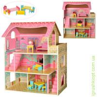 Деревянная игрушка домик MD 2203, для куклы, ш61-в70-г30 см, 3этажа, мебель, в кор-ке