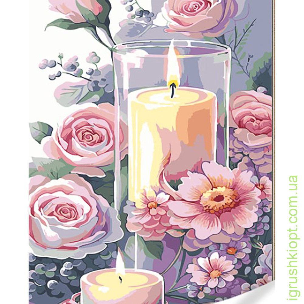 Картина за номерами Strateg Букет ніжних квітів зі свічкою на кольоровому фоні розміром 40х50 (GS1605)