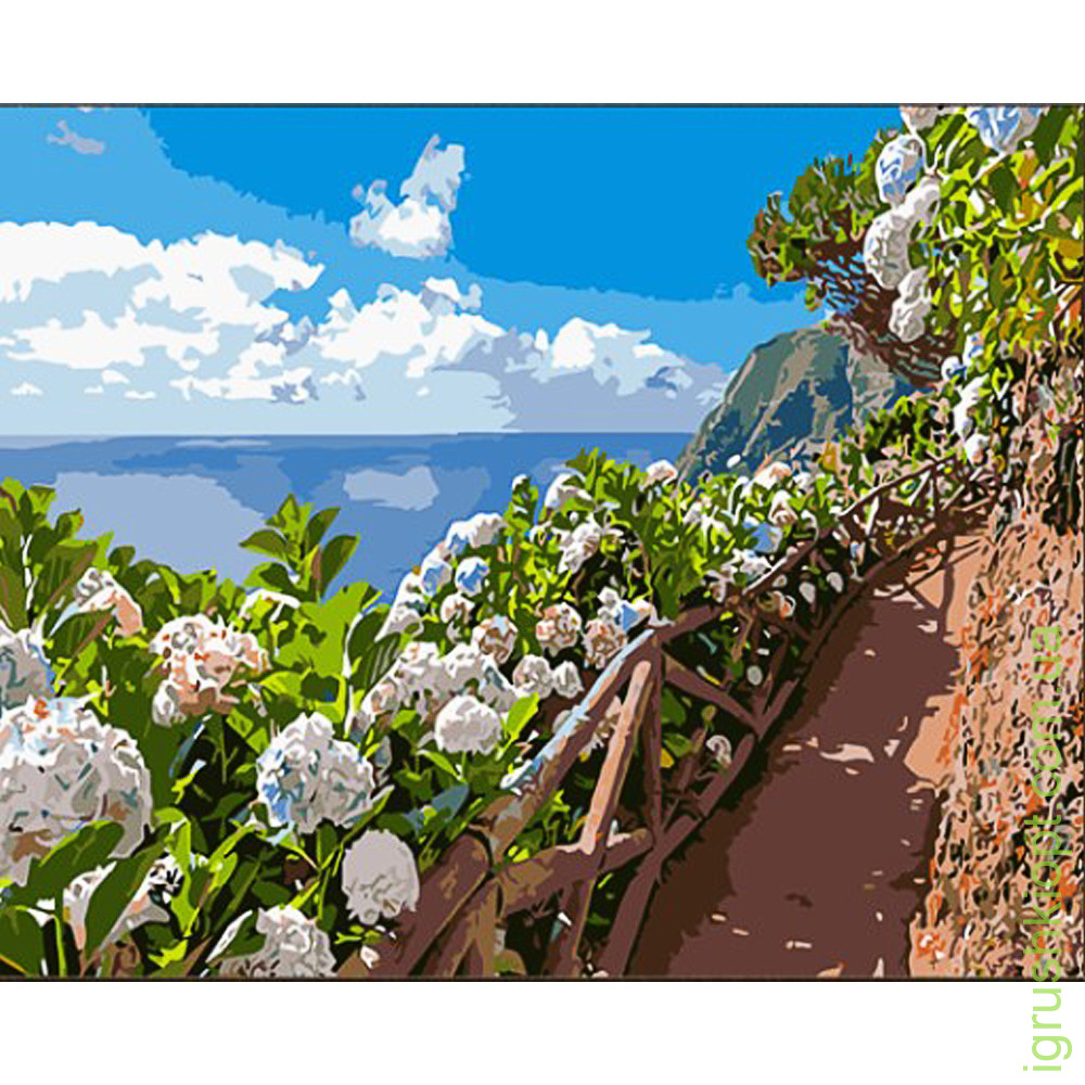 Картина за номерами Strateg ПРЕМІУМ Квіти біля стежки з лаком та з рівнем розміром 40х50 (GS1608)