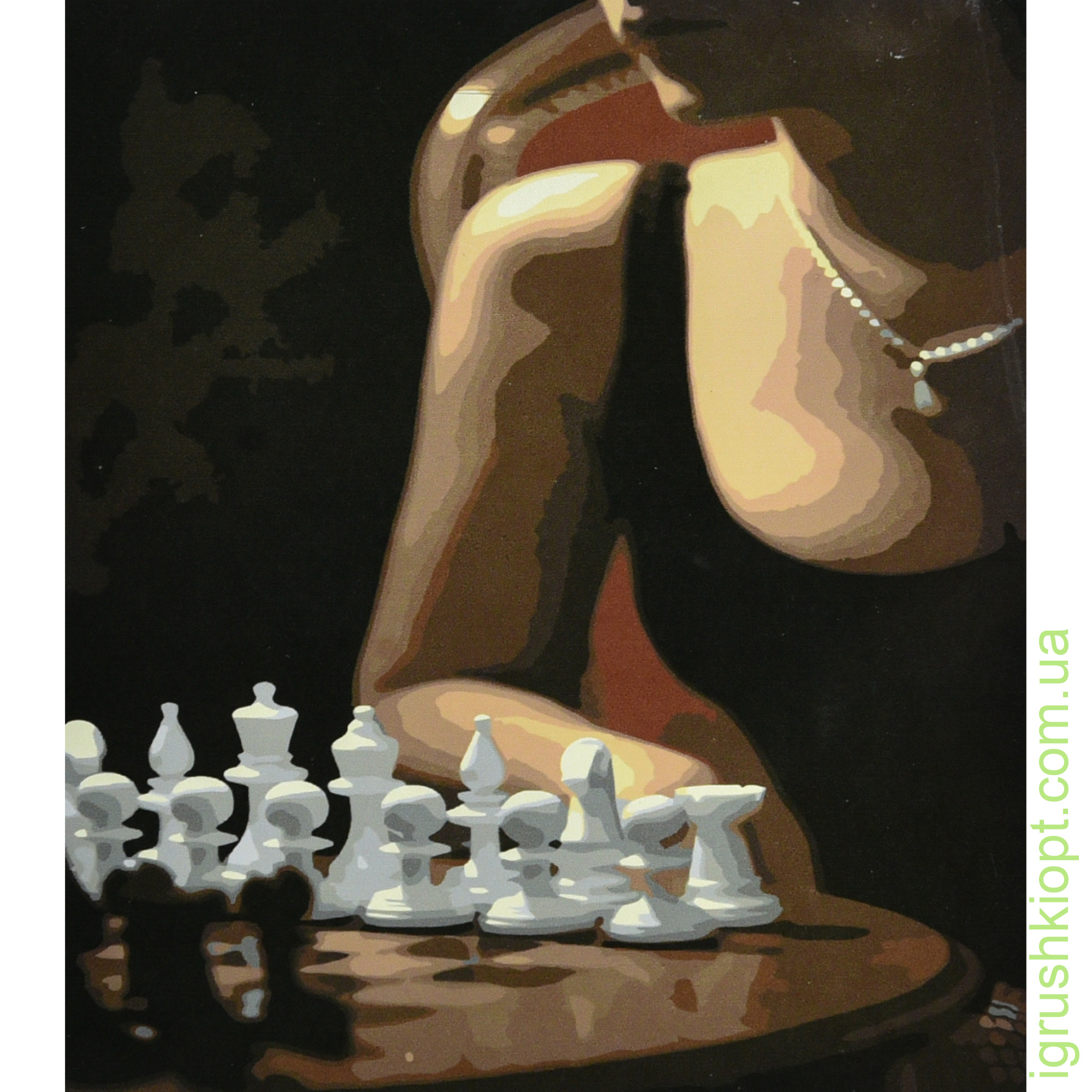 Картина за номерами Strateg ПРЕМІУМ Гра в шахи з лаком та з рівнем розміром 30х40 см (SS6471)