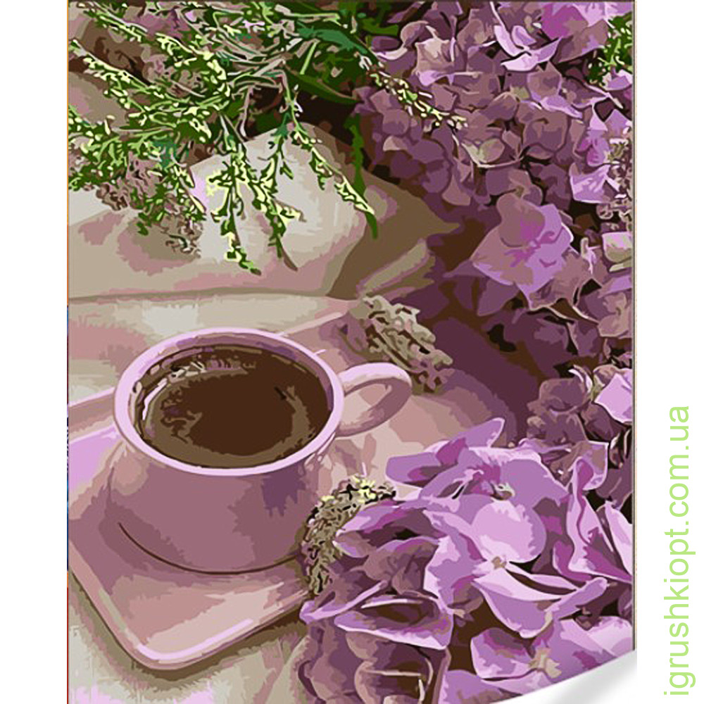 Картина за номерами Strateg Фіолетові гортензії з кавою на кольоровому фоні розміром 40х50 (GS1616)