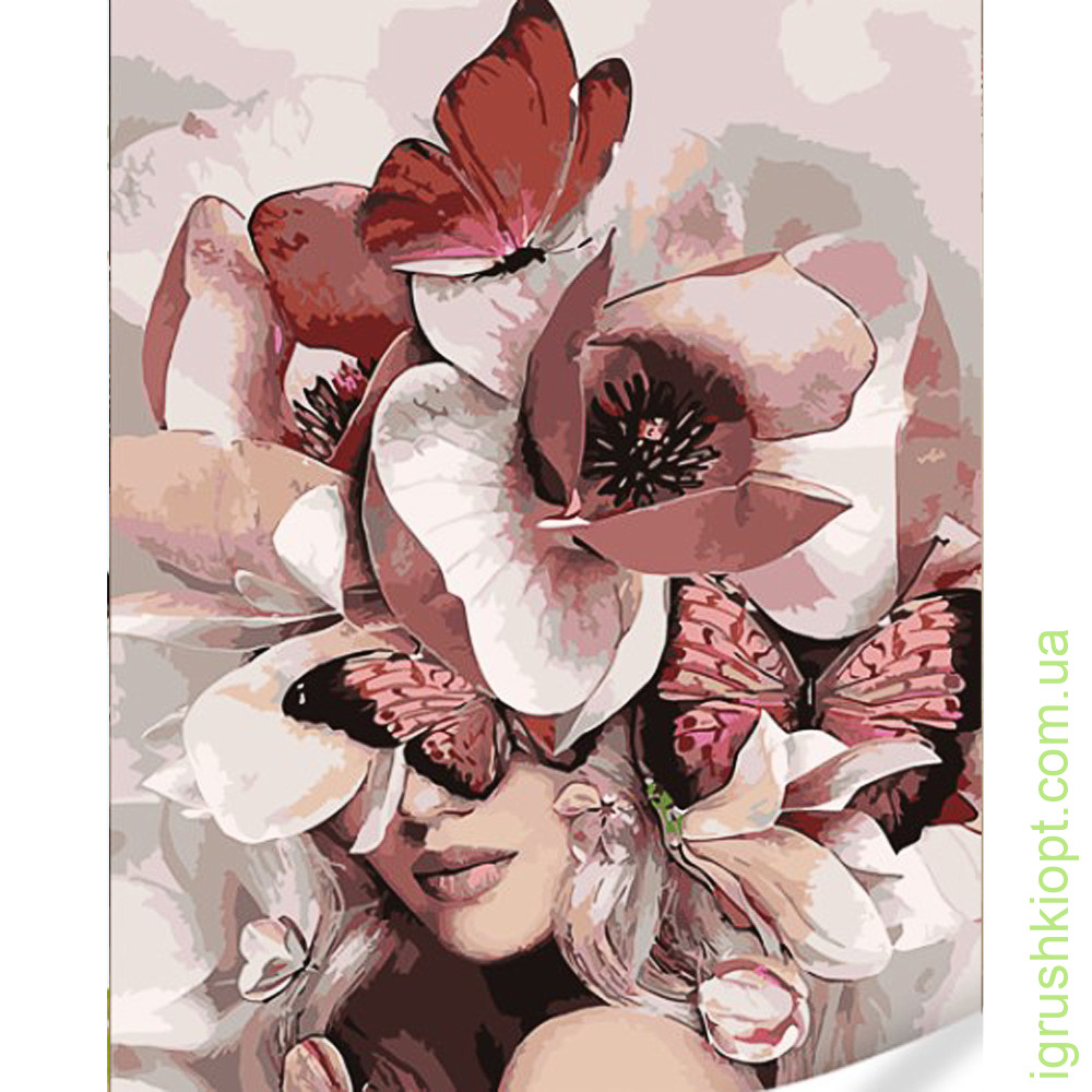 Картина за номерами Strateg Дівчина з трояндами на голові на кольоровому фоні розміром 40х50 (GS1619)
