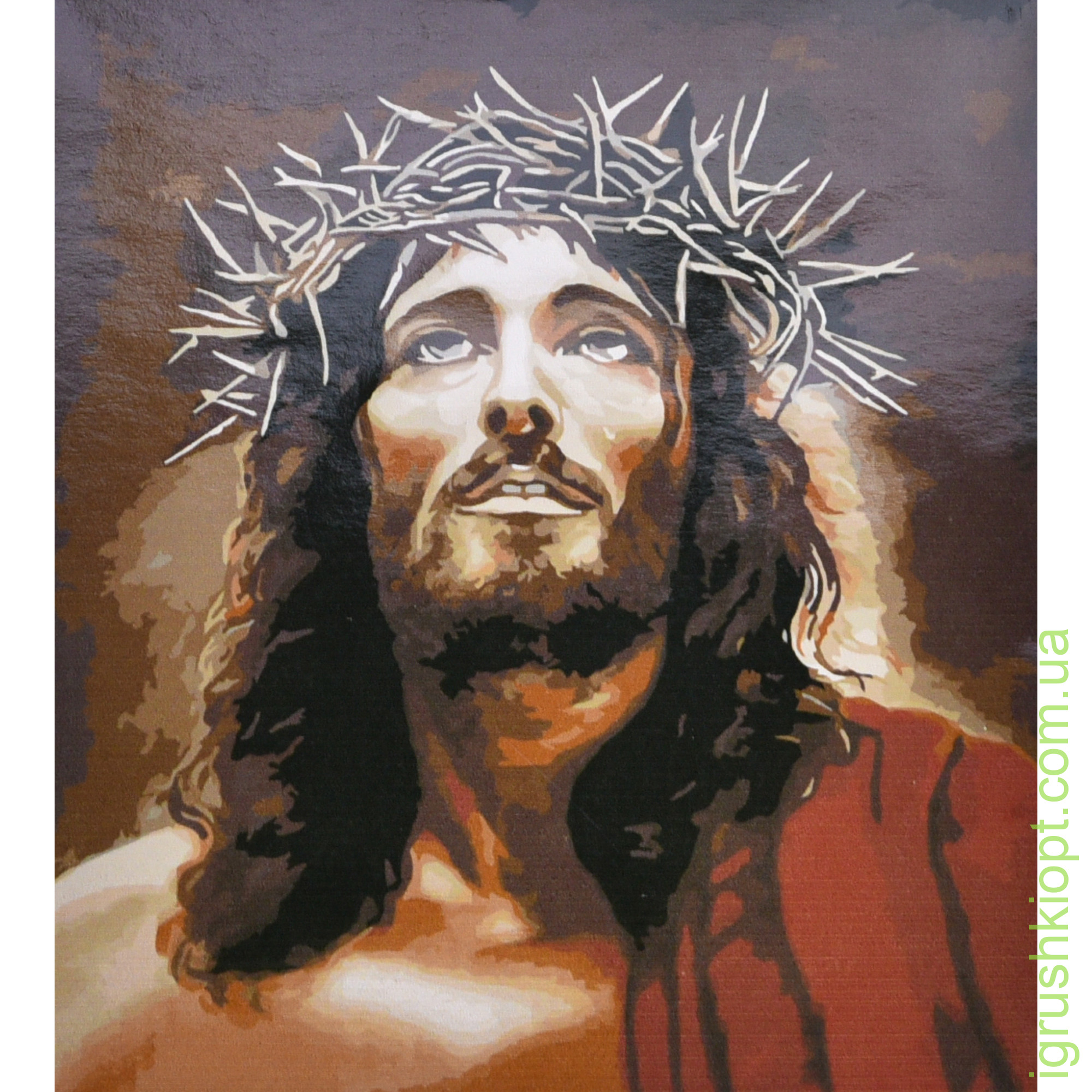 Картина за номерами Strateg ПРЕМІУМ Ісус із терновою короною з лаком та з рівнем розміром 30х40 см (SS6467)
