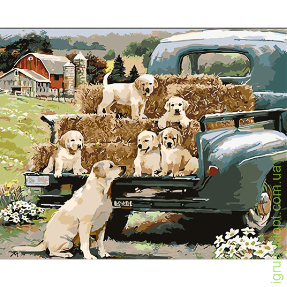 Картина за номерами Strateg ПРЕМІУМ Собача сім'я на фермі з лаком та з рівнем розміром 40х50 (GS1620)