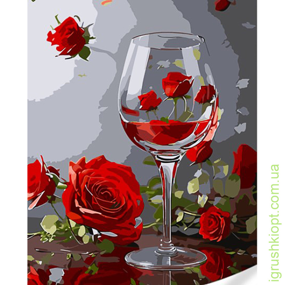 Картина за номерами Strateg ПРЕМІУМ Келих у трояндах з лаком та з рівнем розміром 40х50 (GS1622)