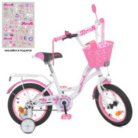 Велосипед детский PROF1 14д. Y1425-1K, Butterfly, SKD75, бело-розовый, фонарь, звонок, зеркало, корзина, дополнительные колеса