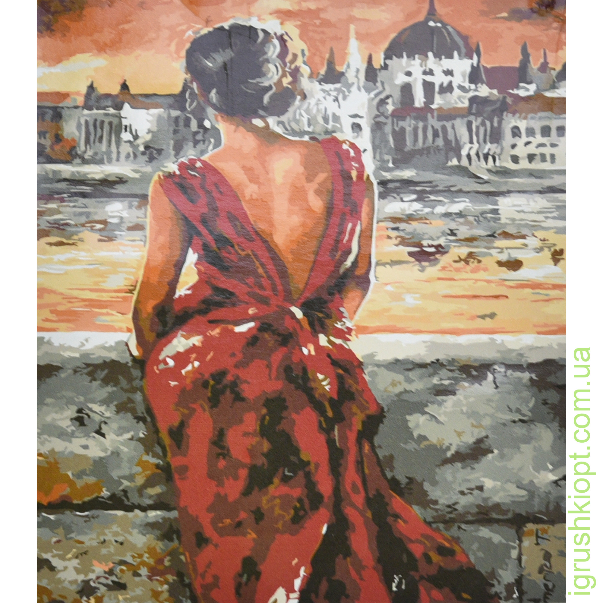 Картина за номерами Strateg ПРЕМІУМ Леді в червоній сукні з лаком та з рівнем розміром 30х40 см (SS6460)