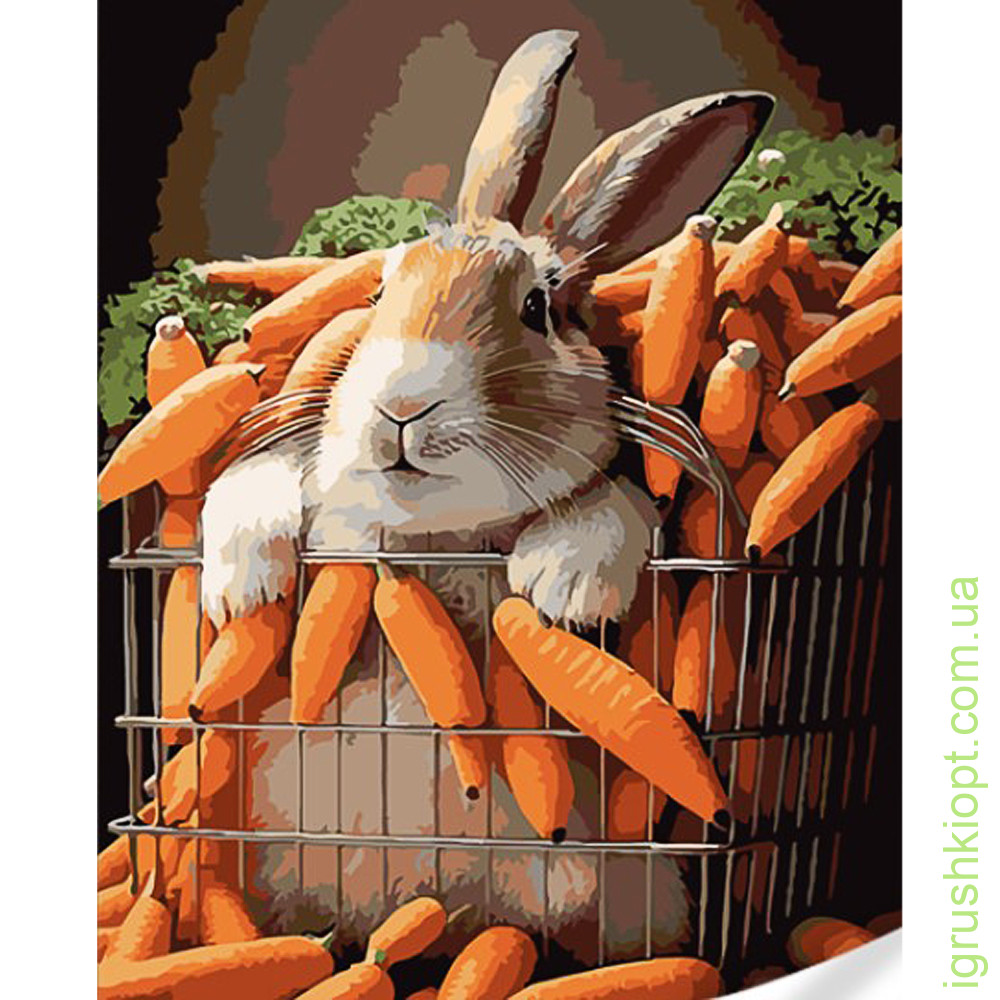 Картина за номерами Strateg ПРЕМІУМ Кролик у моркві з лаком та з рівнем розміром 40х50 (GS1627)