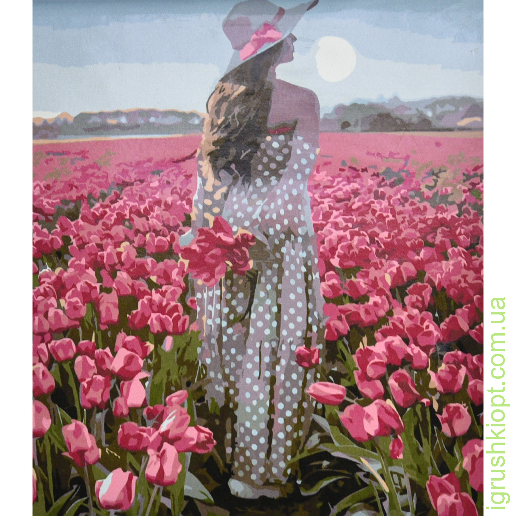 Картина за номерами Strateg ПРЕМІУМ Дівчина серед поля з тюльпанами з лаком та з рівнем розміром 30х40 см (SS6496)