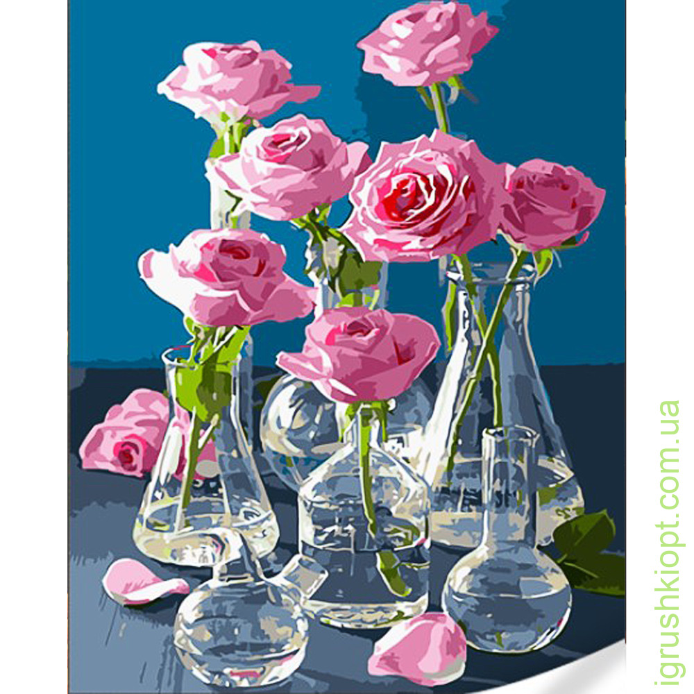 Картина за номерами Strateg ПРЕМІУМ Троянди у скляних вазах з лаком та з рівнем розміром 40х50 (GS1629)