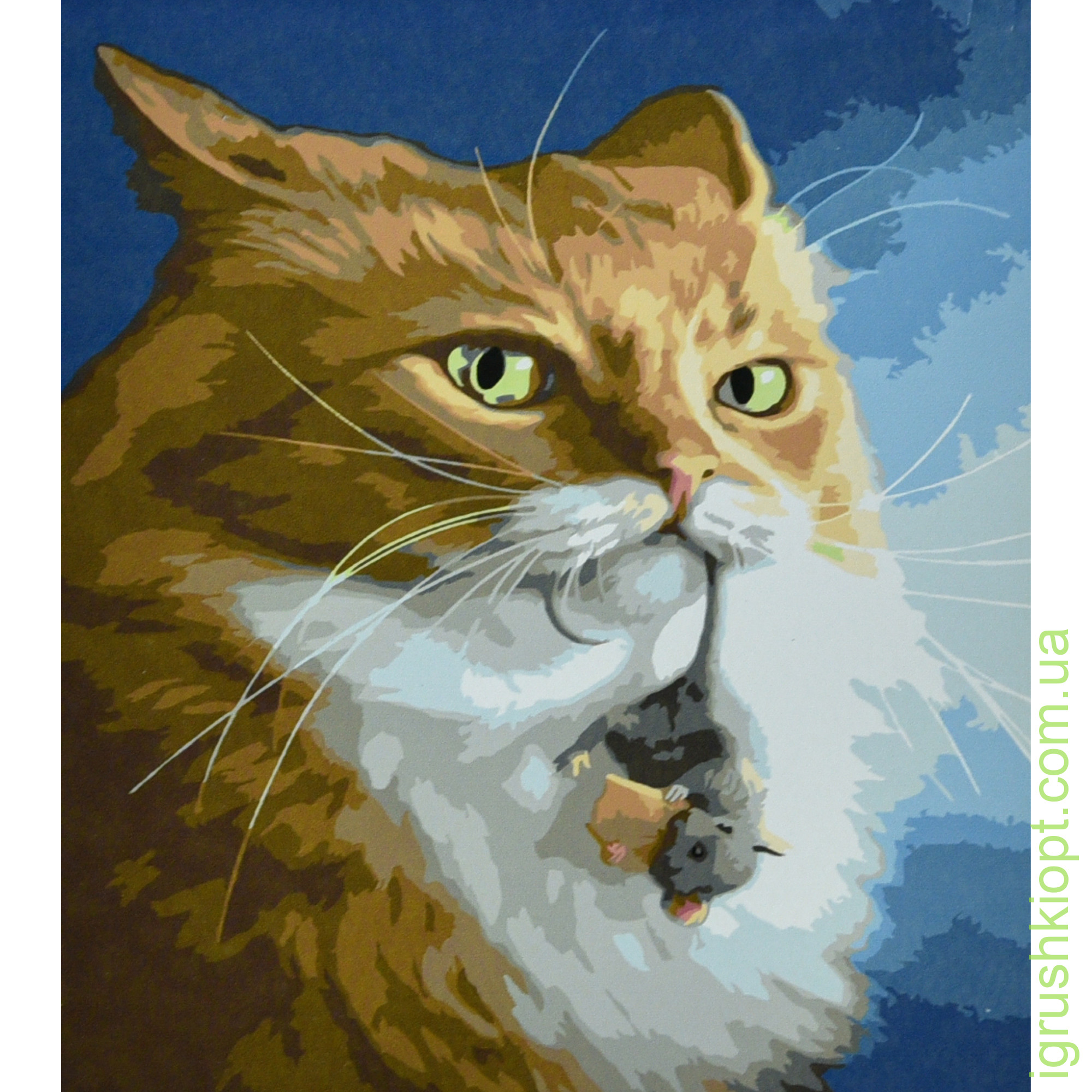Картина за номерами Strateg ПРЕМІУМ Кіт і миша з лаком та з рівнем розміром 30х40 см (SS6482)