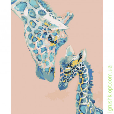 Картина за номерами Strateg ПРЕМІУМ Маленький жираф з мамою з лаком розміром 40х50 см SY6024