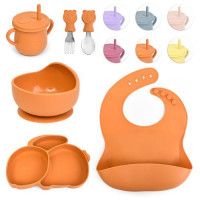 Посуда детская силикон "Зайчик" 6 предметов/набор (вилка, ложка, чашка, слюнявчик, тарелки 2 штуки) MA-4907