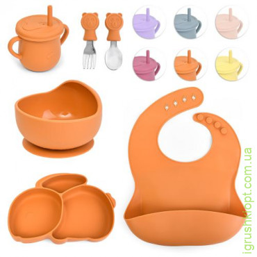Посуд дитячий силікон"Зайчик" 6 предметів/набір (виделка, ложка, чашка, слинявчик, тарілки 2 штуки) MA-4907