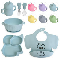 Посуда детская силикон "Слоник" 6 предметов/набор (вилка, ложка, чашка, слюнявчик, тарелки 2 штуки) MA-4909
