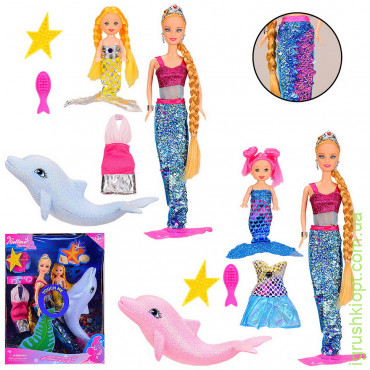 Лялька "Русалочка" 68253, 2 види, хвіст з паєтками, дельфін, лялечка, аксесуари, кор., р-р іграшки – 29 см