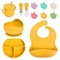 Посуда детская силикон 6 предметов/набор (вилка, ложка, чашка с соломинкой, слюнявчик, тарелки 2 штуки) MA-4906