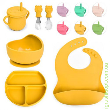 Посуда детская силикон 6 предметов/набор (вилка, ложка, чашка с соломинкой, слюнявчик, тарелки 2 штуки) MA-4906