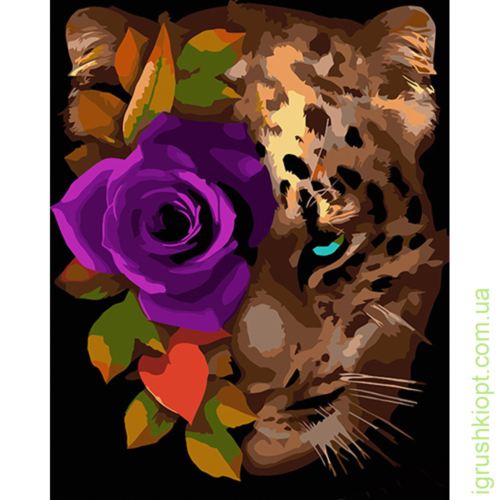 Картина за номерами Strateg ПРЕМІУМ Леопард з трояндою на чорному фоні розміром 40х50 см (AH1002)