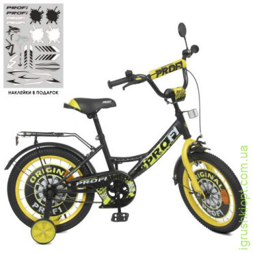 Велосипед детский PROF1 16д. Y1643, Original boy, SKD45, фонарь, звонок, зеркало, доп. колеса, черно-желтый